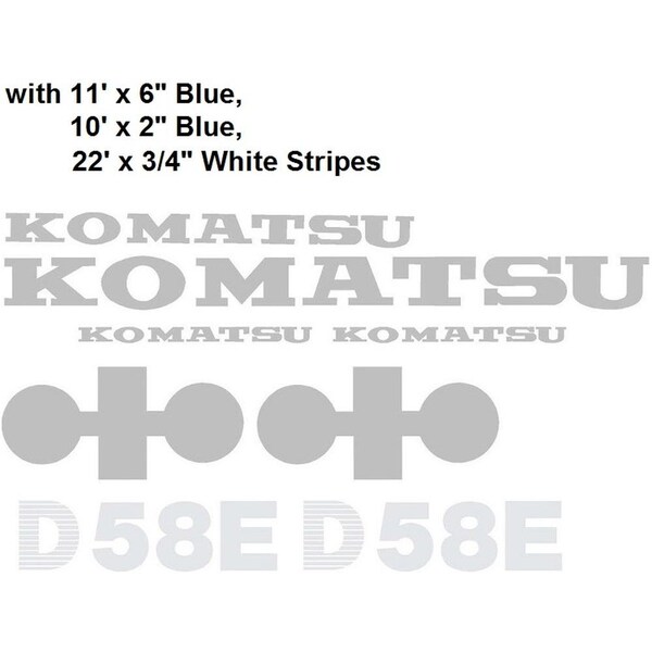 Komatsu D58E Decal Set w/ 22' x 3/4" White, 11' x 6" & 10' x 2" Blue Stripes